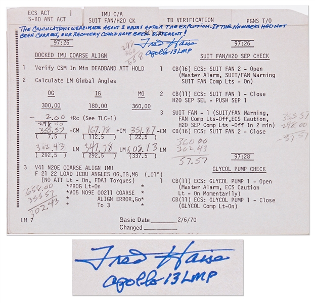Fred Haise Signed Apollo 13 Flight Plan Notes -- With Additional Writing by Haise on Their Significance, Noting that our recovery could have been different!