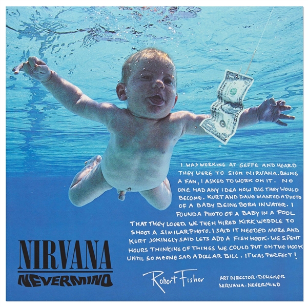 Nirvanas Nevermind LP Record Album, with a Signed Description by Art Director Robert Fisher Regarding the Famous Cover Artwork
