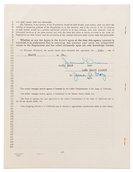 James Dean Signed Agency Contract from March 1954 with Jane Deacy