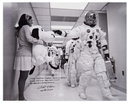 Fred Haise Signed 20'' x 16'' Photo of Apollo 10 Commander Tom Stafford Tapping Snoopy's Nose Before the Mission -- Haise Writes: ''NASA adopted Charles Schulz's Snoopy as the official...mascot''