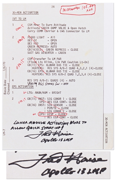 Fred Haise Signed Apollo 13 Lunar Module activation...to allow quick start-up!