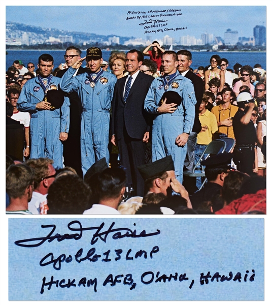 Fred Haise Signed 20'' x 16'' Photo of the Apollo 13 Crew Accepting the Presidential Medal of Freedom Award