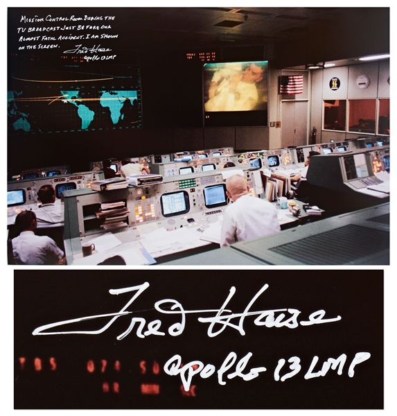 Fred Haise Signed 20'' x 16'' Photo of NASA Mission Control During the Apollo 13 Mission -- Photo Was Taken ''just before our almost fatal accident''