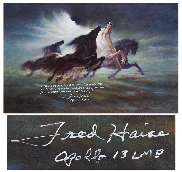 Fred Haise Signed 20'' x 12.75'' Photo of ''Steeds of Apollo'', the Stunning Painting that Inspired the Apollo 13 Mission Insignia