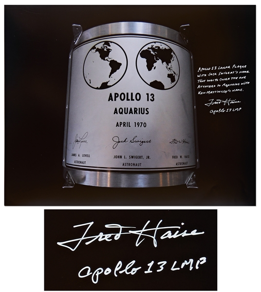 Fred Haise Signed 20'' x 16'' Photo of the Apollo 13 Lunar Plaque -- Haise Mentions How Jack Swigert Replaced Ken Mattingly on the Mission