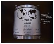 Fred Haise Signed 20'' x 16'' Photo of the Apollo 13 Lunar Plaque -- Haise Mentions How Jack Swigert Replaced Ken Mattingly on the Mission