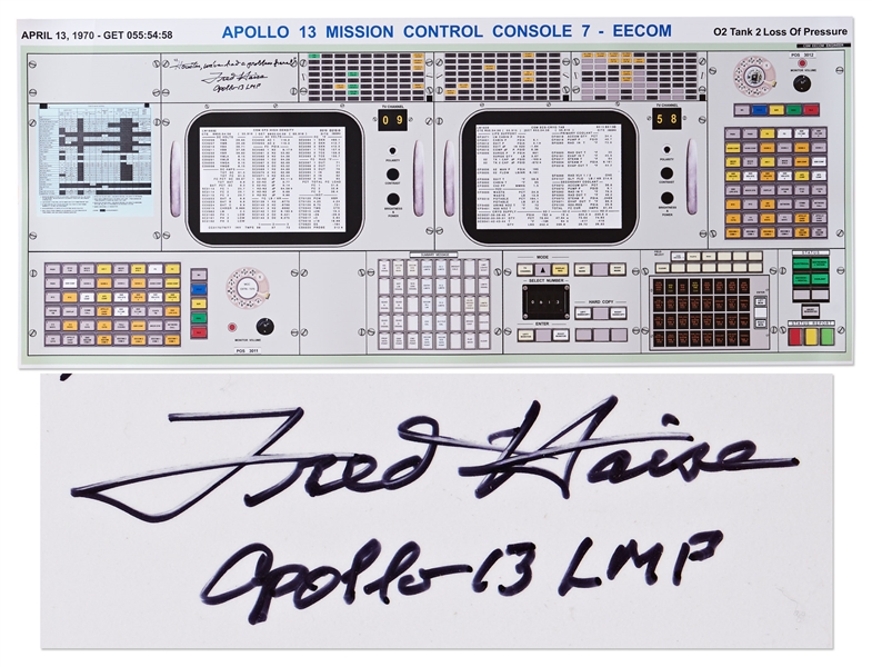 Fred Haise Signed Apollo 13 Mission Control Console Print -- Measures 14'' x 34''