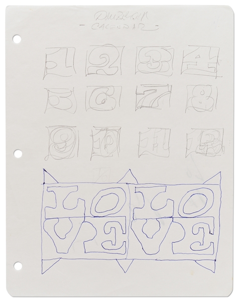 Robert Indiana Signed ''LOVE'' Artwork -- Indiana Also Draws Numbers 1-12 for a Calendar Design
