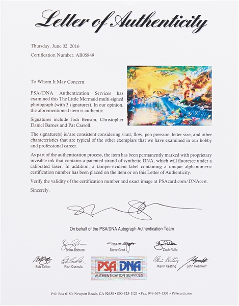 ''The Little Mermaid'' Cast-Signed 11'' x 17'' Photo -- Signed by Jodi Benson as Ariel, Christopher Barnes as Prince Eric & Pat Carroll as Ursula -- With PSA/DNA COA