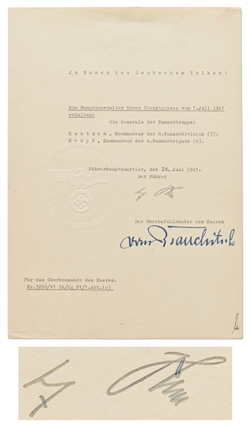 Adolf Hitler Document Signed on 24 June 1941, Two Days After the Start of Operation Barbarossa -- With University Archives COA