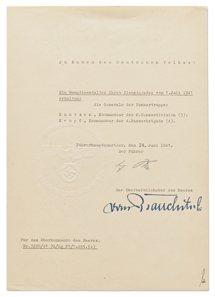 Adolf Hitler Document Signed on 24 June 1941, Two Days After the Start of Operation Barbarossa -- With University Archives COA