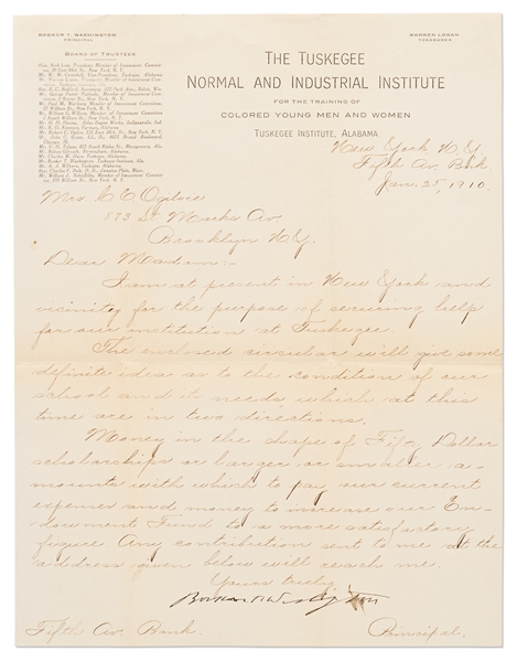 Booker T. Washington Letter Signed as Principal of The Tuskegee Institute