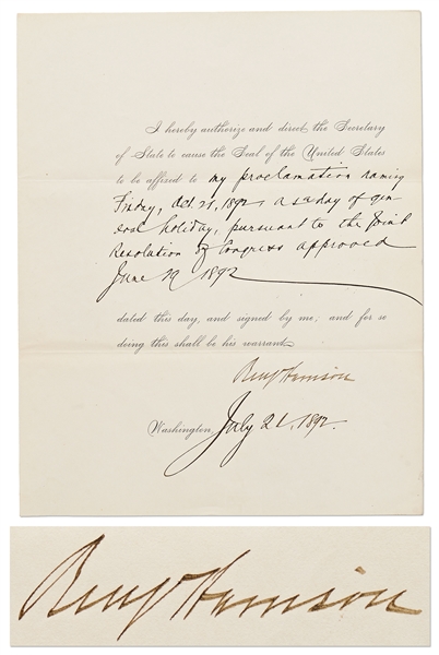 Benjamin Harrison Proclamation Signed as President, Declaring Columbus Day a National Holiday