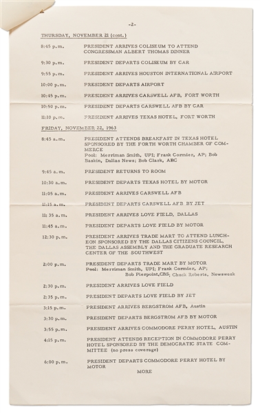 Press Release Detailing John F. Kennedy's Schedule for His Dallas, Texas Trip on 20-22 November 1963