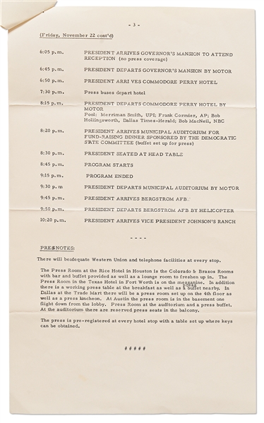 Press Release Detailing John F. Kennedy's Schedule for His Dallas, Texas Trip on 20-22 November 1963