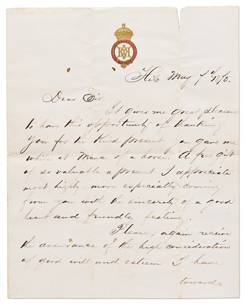 King Kalakaua Autograph Letter Signed -- Kalakaua Was the Last King of the Hawaiian Islands