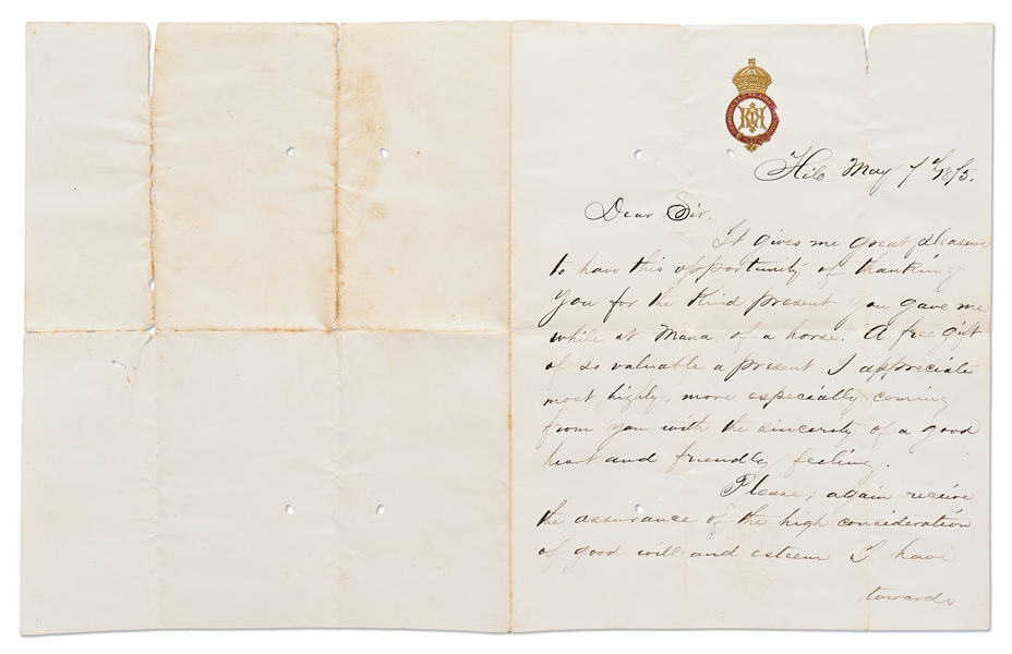 King Kalakaua Autograph Letter Signed -- Kalakaua Was the Last King of the Hawaiian Islands