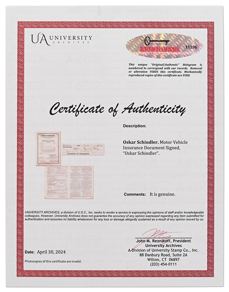Very Rare Oscar Schindler Pre-World War II Document Signed from 1936 -- With University Archives COA