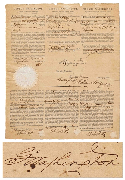 George Washington Signed Three-Language Ships Papers -- Signed as President in 1796