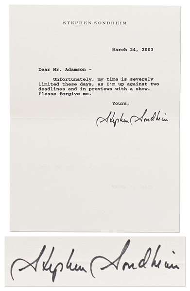 Stephen Sondheim Letter Signed -- …Im up against two deadlines and in previews with a show…