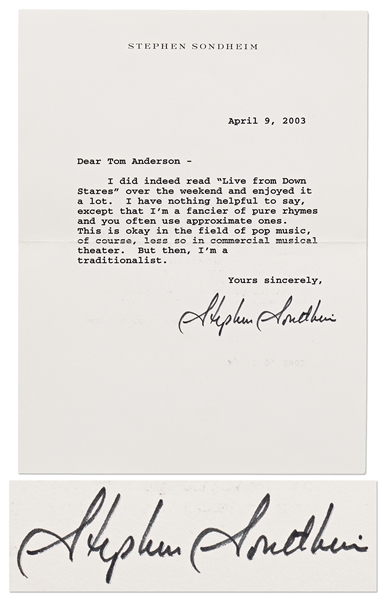 Stephen Sondheim Letter Signed -- …Im a fancier of pure rhymes…