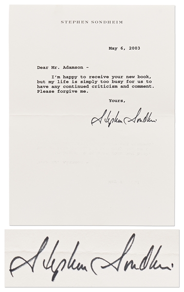 Stephen Sondheim Letter Signed -- …my life is simply too busy…