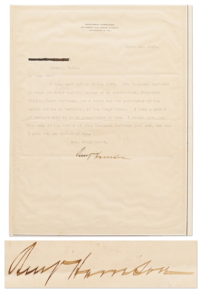 Benjamin Harrison Letter Signed Regarding His Grandfather, President William Henry Harrison