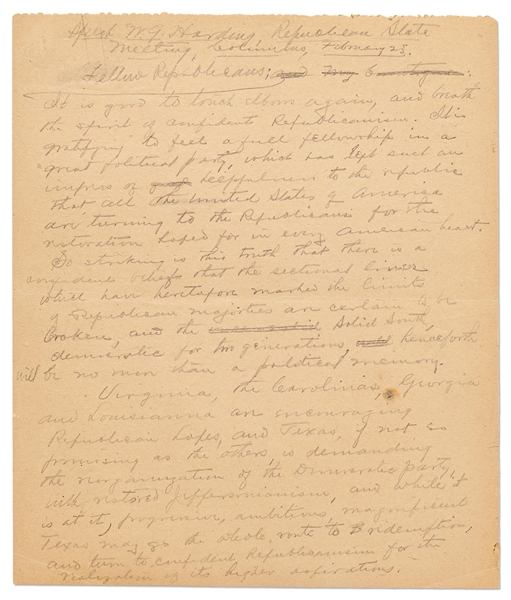 Warren G. Harding Signed & Handwritten 33pp. Speech -- ''We ought to declare an end to bureaucracy, crowned with autocracy…to a government by law and the free activities of a law-abiding people''