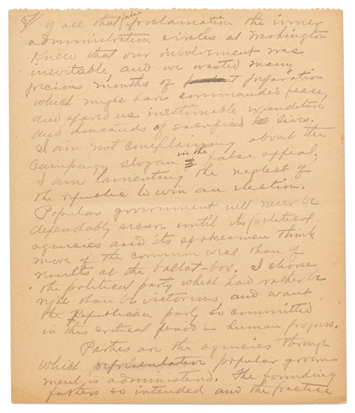 Warren G. Harding Signed & Handwritten 33pp. Speech -- ''We ought to declare an end to bureaucracy, crowned with autocracy…to a government by law and the free activities of a law-abiding people''