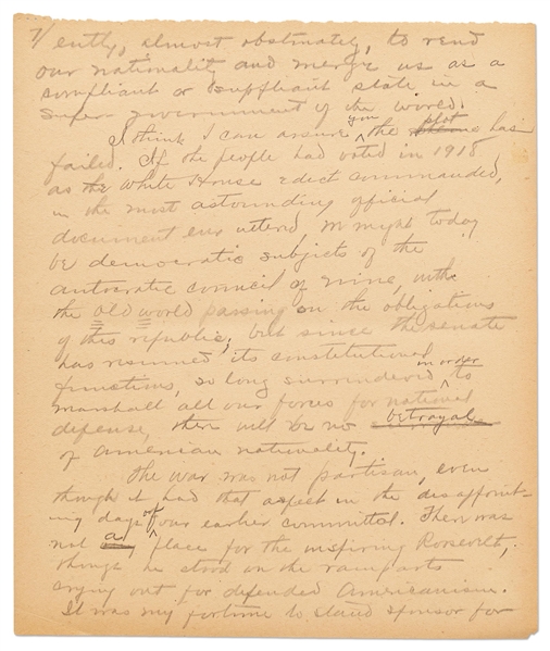 Warren G. Harding Signed & Handwritten 33pp. Speech -- ''We ought to declare an end to bureaucracy, crowned with autocracy…to a government by law and the free activities of a law-abiding people''