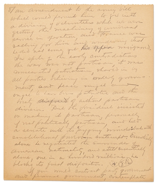 Warren G. Harding Signed & Handwritten 33pp. Speech -- ''We ought to declare an end to bureaucracy, crowned with autocracy…to a government by law and the free activities of a law-abiding people''