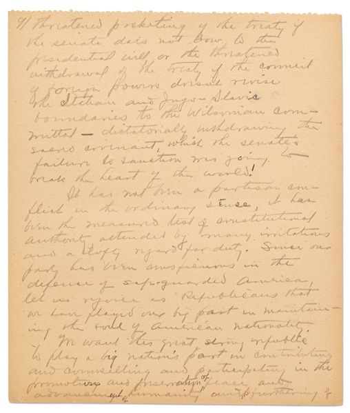 Warren G. Harding Signed & Handwritten 33pp. Speech -- ''We ought to declare an end to bureaucracy, crowned with autocracy…to a government by law and the free activities of a law-abiding people''