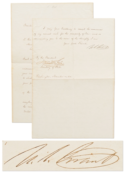 Ulysses S. Grant Letter of State Signed as President -- Grant Congratulates the President of Peru on His Inauguration