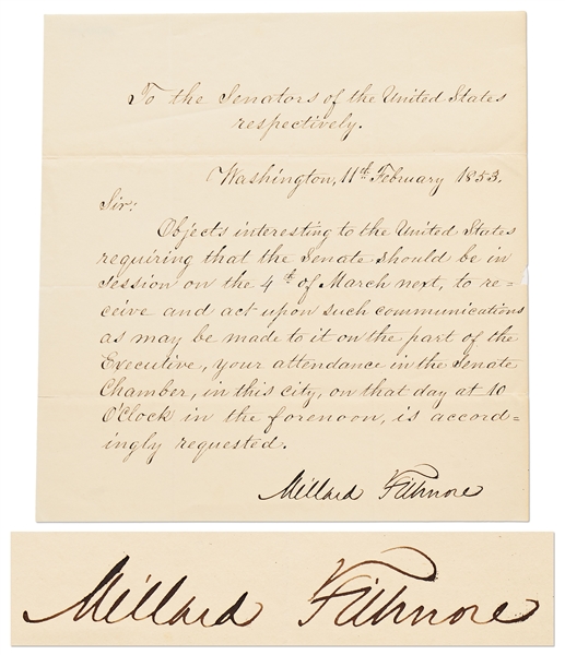 Millard Fillmore Letter Signed as President, Calling the Senate into Session for the Inauguration of His Successor, Franklin Pierce