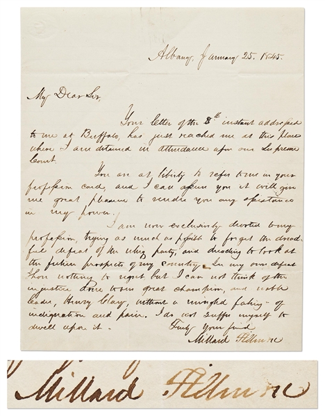 Millard Fillmore Autograph Letter Signed Regarding the Whig Defeat in the 1844 Presidential Election -- …dreading to look at the future prospects of my country…our noble leader, Henry Clay…