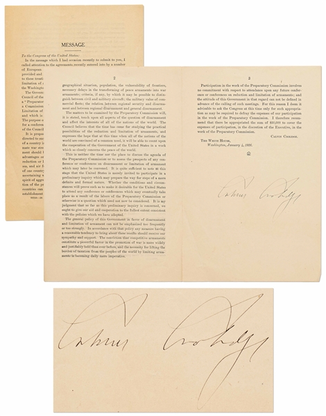 Calvin Coolidge Signed Presidential Address Regarding the Reduction of Arms After World War I -- From 1926, 15 Years Before the U.S. Was Caught Flat-Footed at Pearl Harbor
