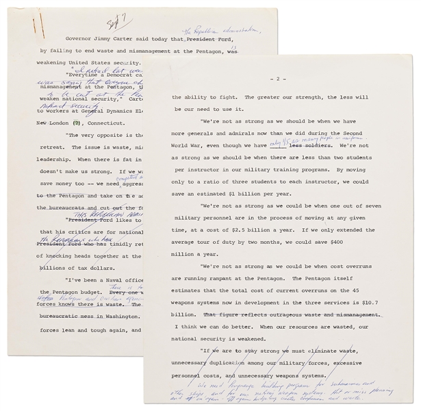 Jimmy Carter Heavily Hand-Annotated Speech from His 1976 Presidential Campaign Regarding Defense Spending & the Failures of the Ford Administration