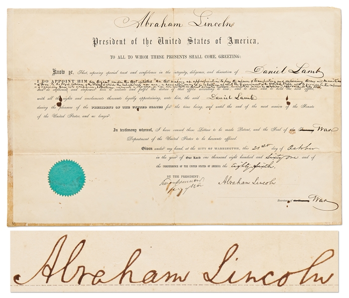 Abraham Lincoln Document Signed, Equipping Virginian Daniel Lamb with Arms for protection against domestic violence, insurrection, invasion, or rebellion -- Lamb Led the Secession of West Virginia