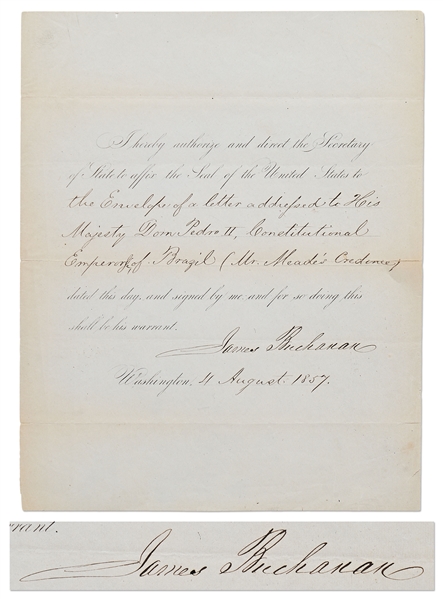 James Buchanan Document Signed as President Regarding the U.S. Minister to Brazil