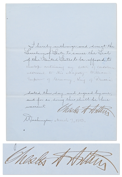 Chester Arthur Document Signed as President, Sending Condolences to the Emperor of Germany