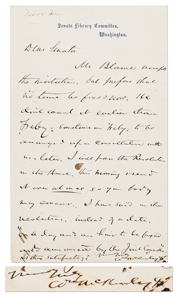William McKinley Autograph Letter Signed -- ...I will pass the resolution in the House this morning...