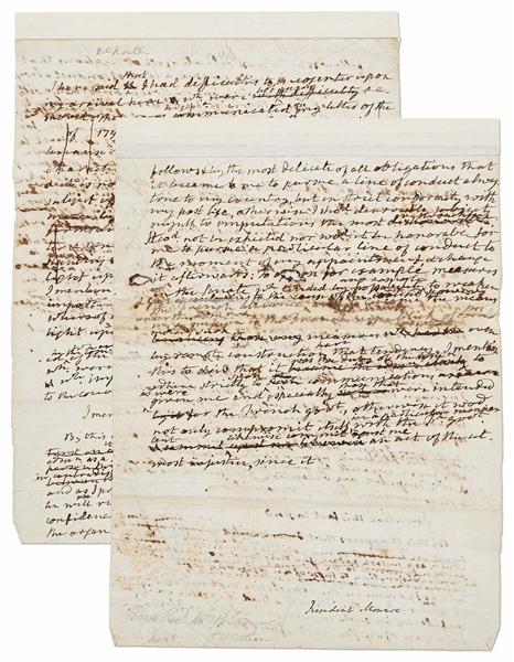 James Monroe Handwritten Manuscript Describing His Time as Minister to France -- …I came here and found that doubts existed...of the sincerity of our friendship for France…