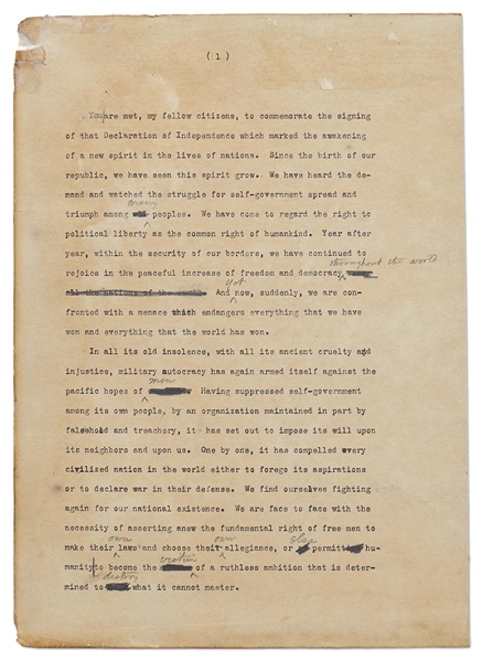 Woodrow Wilson Speech Draft, Hand-Annotated as President -- Wilson Writes Fiery Rhetoric Regarding the Evils of Germany During WWI -- ''…Against the horror of military conquest…''