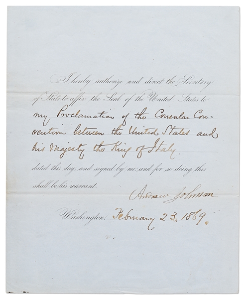 Andrew Johnson Warrant Signed as President, Regarding the Consular Convention Between the United States and Italy