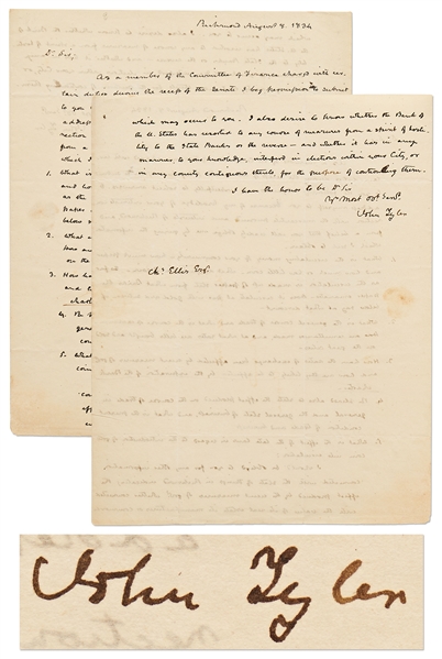 John Tyler Autograph Letter Signed Regarding the Bank War in 1834 -- …whether the Bank of the U. States has resorted to any course of measures from a spirit of hostility to the state Bankers…