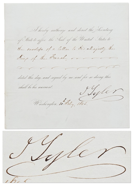 John Tyler Warrant Signed as President, Regarding a Letter to the King of France