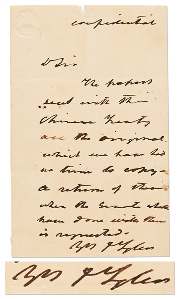 John Tyler Confidential Autograph Letter Signed Regarding the Chinese Treaty -- Likely Written as President Regarding the Treaty of Wanghia