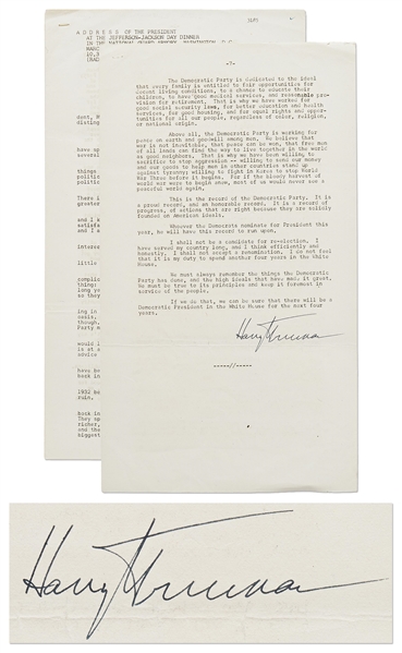 Harry Truman Signed Press Release of His Speech at the Jefferson-Jackson Dinner in March 1952 -- Likely Signed as President