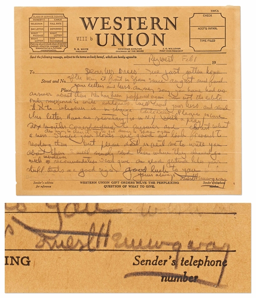 Ernest Hemingway Autograph Letter Signed from 1938 After Returning from the ''front in Spain'' -- Hemingway Writes to an Author About the Short-Lived ''Ken'' Magazine with Mention of Gertrude Stein