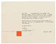 Frank Lloyd Wright Letter Signed Regarding a ''beautiful blue rug'' & Payment for the ''State Fair scheme'' Referencing the Marin County, California Fairgrounds Pavilion and Amphitheatre Projects